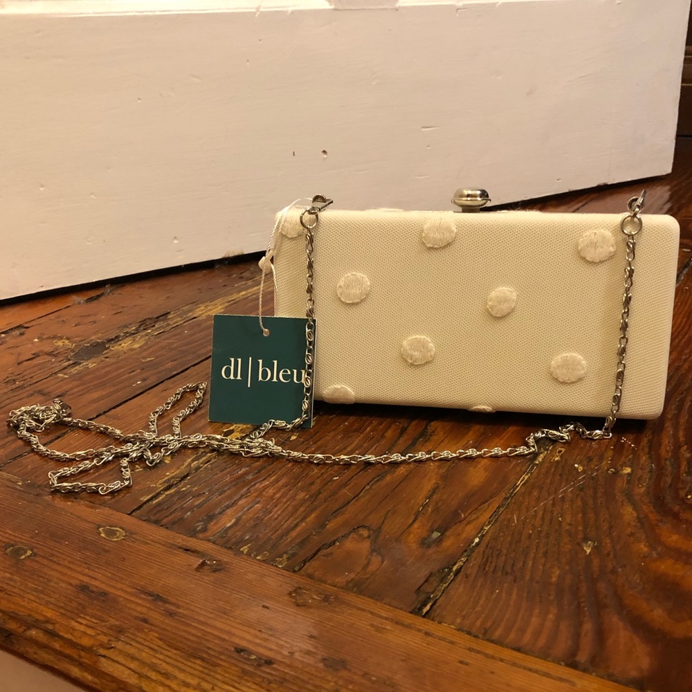 NWT dl bleu White Polka Dot Clutch with Strap